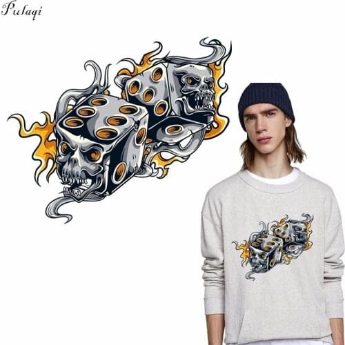 Pulaqi The Casino Dice Skull Iron On Transfers Patches Cool CP Fire Heat Thermal Transfer For Kids Clothes DIY Decoration F