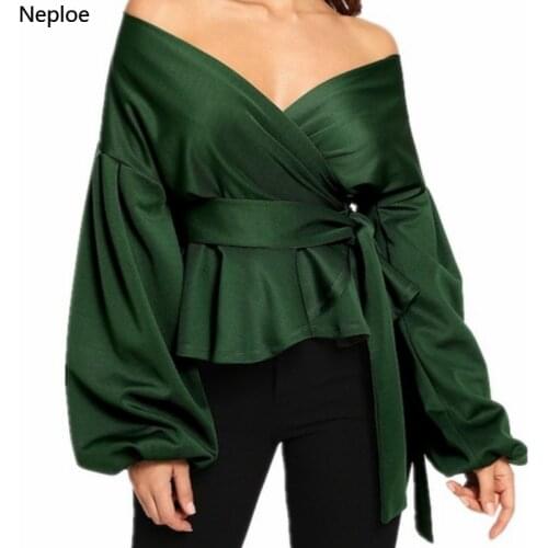 Neploe Patchwork Solid Summer 2021 Women Tops New Fashion V-Neck Lantern Sleeve Blouse Sexy Off Shoulder Bow Sashes Blusa 43491