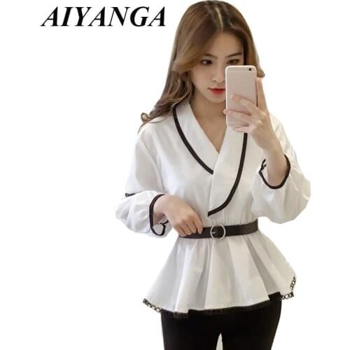 White Office Lady Striped Print V Neck Long Sleeve Blouse 2019 New Spring Autumn Ruffle Hem Workwear Women Blouses & Shirts
