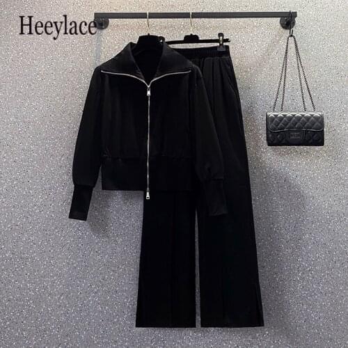 Plus Size Women Tracksuits For Women Autumn Long Sleeve Zipper Coat And wide leg pants two-piece set Korean Casual Black Suits
