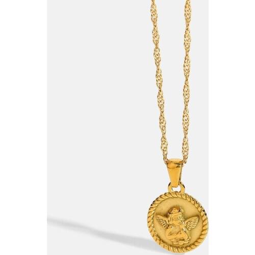 Cute Angel Pendant Necklace For Women 18K Gold Plated Stainless Steel Necklace Water-wave Chain Jewelry Accessories