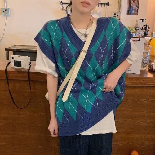 England style chic retro arygle knitted vest vintage all-match casual fashion streetwear elegant loose oversize lazy style vest