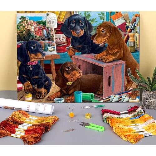 Animal Dachshund Printed 11CT Cross-Stitch Patterns Embroidery DMC Threads Craft Handiwork Needlework Handicraft Jewelry
