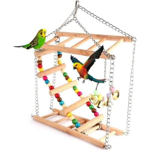 1pc Wooden Parrot Ladder Toy Bell Natural Anti-Biting Bird Cage Ladder Parrot Hanging Swing Pet Supplies Bird Favors