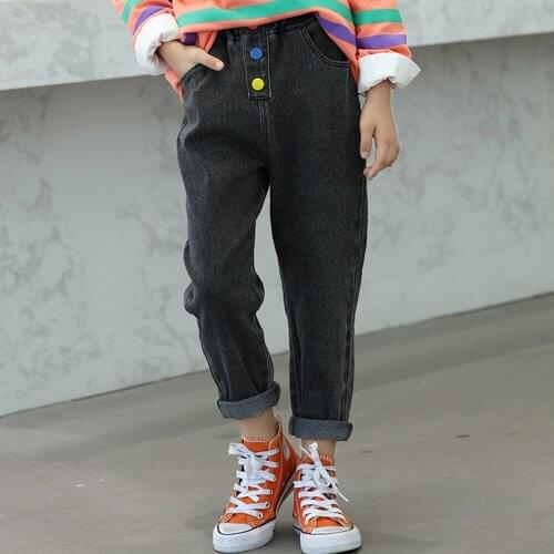 2021New High Waist Jeans Girls' Rainbow Button Elastic Belt Jeans Childrens Solid Color Leisure Jeans For Girls 8-13 Years Old