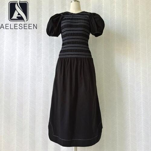 AELESEEN 2021 High Quality 100% Cotton Dress For Women Puff Sleeve Backless Black White Striped Long Elegant Holiday Dress