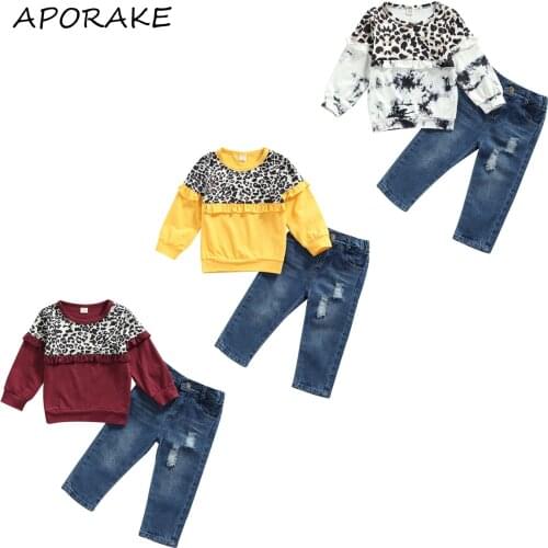 2021 2-6Y Kids Baby Girl Casual Clothes Ruffle Leopard Print Tie Dye Patch Long Sleeve T-Shirt+Denim Long Pants Spring Fall 2pcs