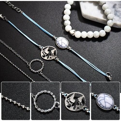 QCOOLJLY 10 Styles Bead Arrow Knot Round Crystal Gem Bracelet Set Vintage Map Charm Bracelets & Bangles For Women Jewelry