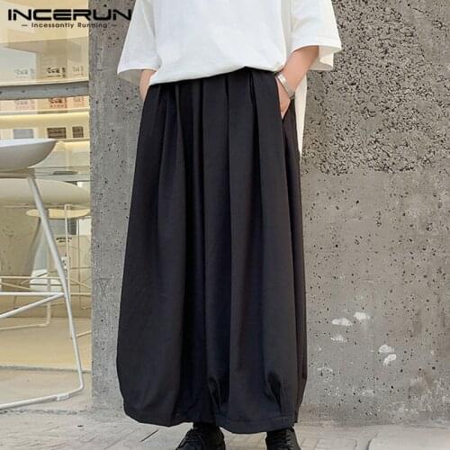 INCERUN Solid Men Wide Leg Pants Baggy Elastic Waist Cotton 2021 Dance Trousers Joggers Unisex Pleated Pants Men Streetwear 5XL