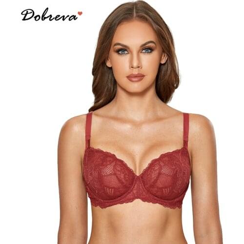DOBREVA Womens Sexy Balconette Bra Floral Sheer Lace Unlined Underwire Push Up Plus Size