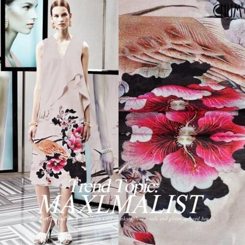 CNUM SL062 Silk Linen/ Crane and Hibiscus/ Silk Fabric 30% Silk 70% Linen/ Width 1.48yd Thickness 14mm Unit: Per PC
