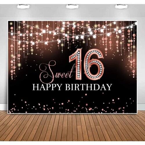 Boys Girl Happy 16th Birthday Party Background Rose Gold Shiny Glitter Dots Diamond Princess Sweet Sixteen Photography Backdrop