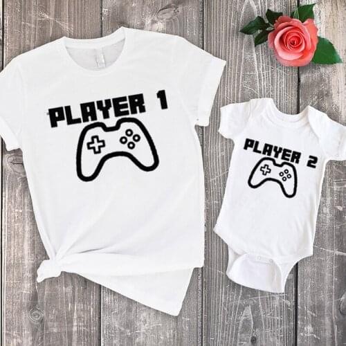 Player 1 and Player 2 Tees Matching Holiday Top Kids Print Father and Son Gift Shirt 2021 Daddy Tshirt Matching Family Tops