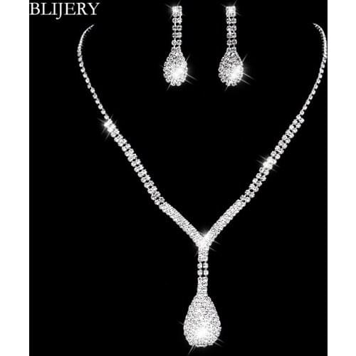 BLIJERY Silver Color Crystal Bridal Jewelry Sets Full Rhinestone Teardrop Necklace Earrings for Women Party Wedding Jewelry Sets