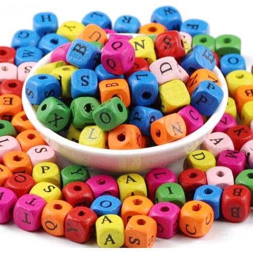 JHNBY 50pcs 10mm Square Wood Beads Mixed Letters Alphabet Loose Beads for Jewelry DIY Wooden Handmade Necklace&Bracelet Findings