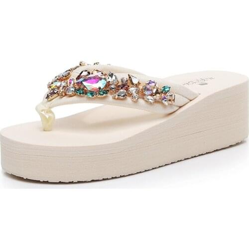 Summer Womens Shoes High-Heeled Chain Rhinestones Flip-Flops Slope-Deeled Platform Ladies Non-Slip Funny Beach Sandals Slippers