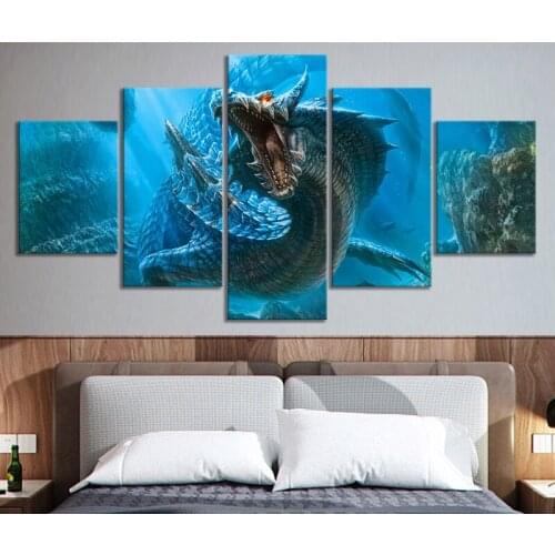 Home Decor Modular Canvas Picture 5 Piece Monster Hunter Dragon Action Game Painting Poster For Home Canvas Painting Wholesale