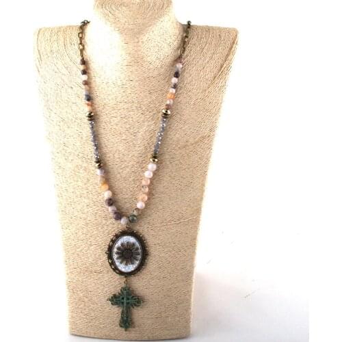 MOODPC Fashion Jewelry Amazonite Natural Stone & Glass Crystal Chain Cross Pendant Necklaces For Women Ethnic Necklace Dropship