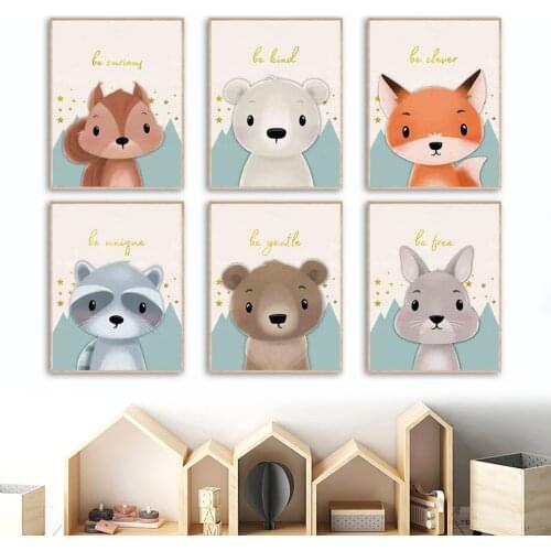 Cartoon Fox Bear Raccoon Squirrel Animal Wall Art Canvas Painting Nordic Posters And Prints Wall Pictures Baby Kids Room Decor