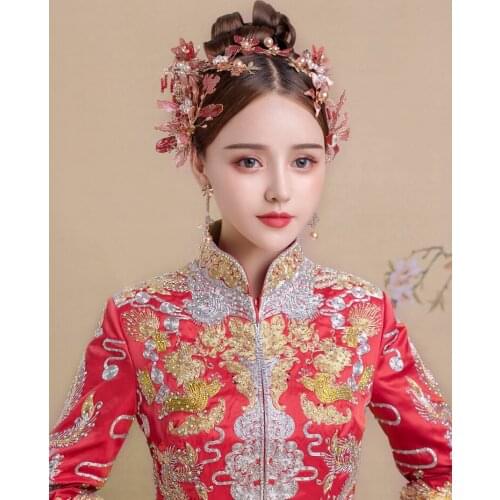 NiuShuya Classical Chinese Costume Red Flower Wedding Headdress 2020 New Designs Pearl Bridal Hair Accessories