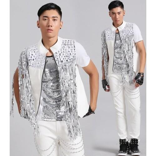 New Men Jazz Dance Costumes Hip Hop Dancing Clothes Tassel White Vest Coat Clothing Sexy Man Stage Club Performance Wear DWY486