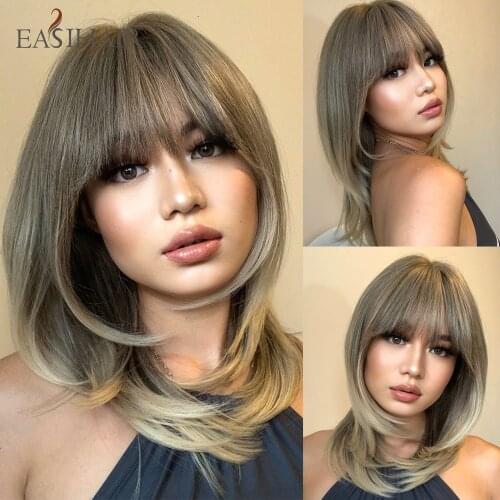 EASIHAIR Medium Length Wavy Layered Ombre Gray Synthetic Wigs With Bangs For Women Natural Daily Hair Wigs Heat Resistant Fiber