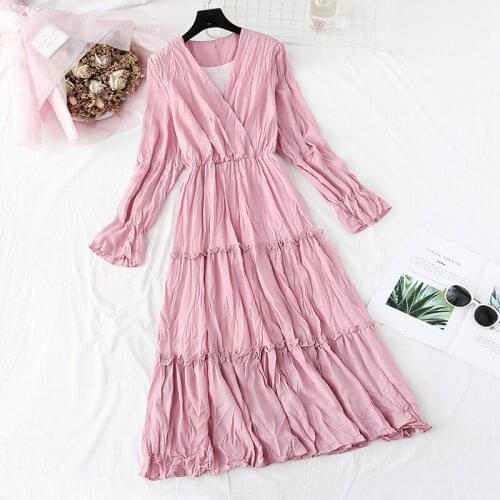 Sexy V neck Women Long Sleeve Dress Elegant Autumn Winter Ladies Pleated Slim Dress Evening Party Female Long Dress Vestidos