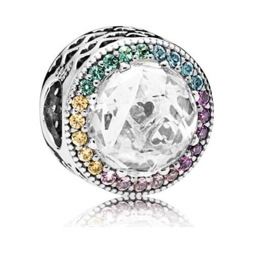 Genuine 925 Sterling Silver Charm Rainbow Radiant Hearts With Mix Crystal Beads Fit Pan Bracelet & Necklace Diy Jewelry
