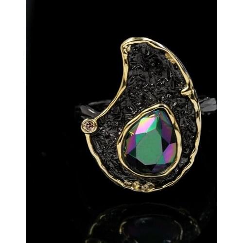 Retro Ethnic Style Oval Irregular Crystal Two-color Ring Luxury Exaggerated 925 Silver Jewelry Wedding Rings Gold