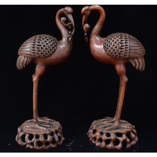 Old Chinese Bronze Feng shui Red-crowned crane Incense Burner Censer Statue Pair