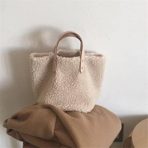 Women Winter Autumn Handbag Lamb Wool Portable Ins Fashon Girls Handy Package Shoppping Hiking High-capacity SoftKhaki Brown