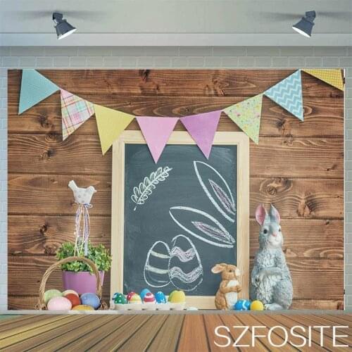 Spring Colored Egg Bunny Brown Wooden Panel Wall Backdrop Easter Party Family Room Decorate Child Photography Photo Vinyl Banner