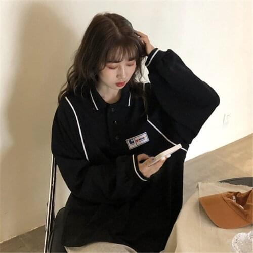 Japan Girls Spring Lady Loose Streetwear Sweatshirts Harajuku Tops Black White Long Sleeve Fashion Girls Womens Casual Hoodies