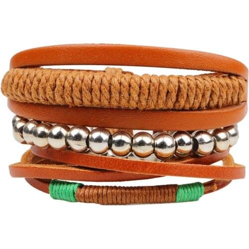 Brown Beaded Strand Women Vintage Combination Handmade Woven Leather Bracelet Men Jewelry Wholesale Accessories