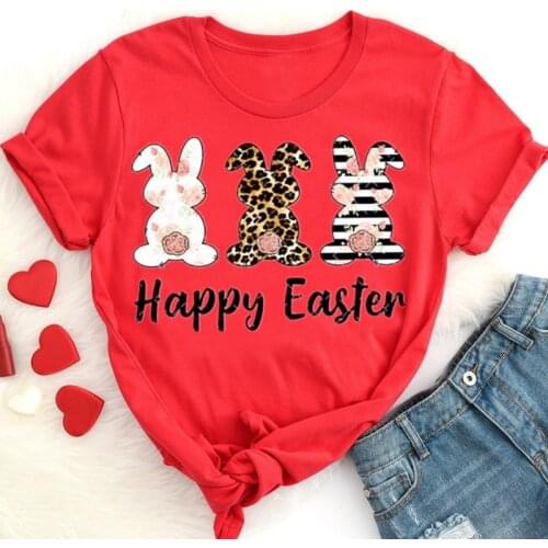 Happy Easter Day Shirt Day Shirt kawaii top woman Bunny harajuku Korean O Neck Casual Short Sleeve Tees 100%cotton Drop shipping