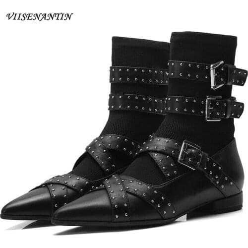 Pointed Toe Rivet Belt Buckle Socks Boots Women Thick Low Heel Punk Ankle Motorcycle Boots Slip-on Stretch Fabric Fashion Shoes