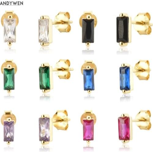 ANDYWEN 925 Sterling Silver 12 Colors Square Zircon Stud Earring Piercing Pendiente Clips Women Fashion Fine Jewelry Gift Mini