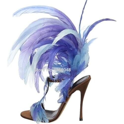 Fantasy Blue Feather Women Brown Sandals T strap Party Gladiator Sandals Woman Thin High Heel Peep Toe Big Fur Nightclub Shoes