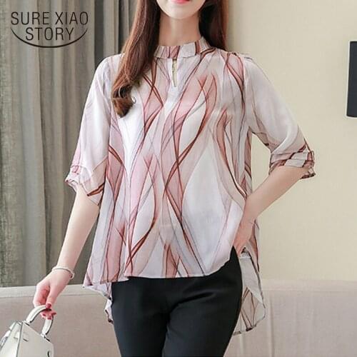 2020 Summer New Elegant Printed Stand Collar Short Sleeve Silk Tops Office Lady Top and Blouse Summer Tops Chemisier Femme 10071