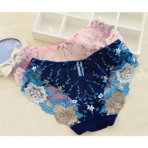 Ladies Transparent Lace Briefs Flower Pattern Spandex Breathable Seamless Mesh Low-Waist Sexy Underwear Cotton File