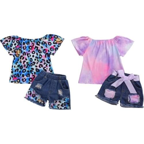 2020 Baby Summer Clothing Infant Kids Baby Girl Tie dye Leopard Clothes set Colorful Shirt Tops Ripped Hole Denim Bottoms