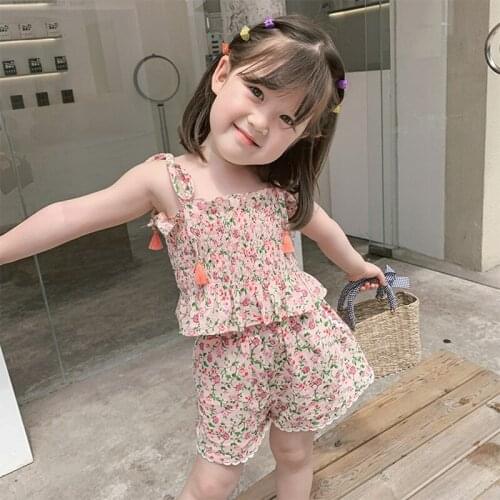 2021 Summer New Fashion Baby Girl Clothes Kids Clothes Girls Floral Sling Top + Short 2Pieces Children Suit For 2-6 Year Old
