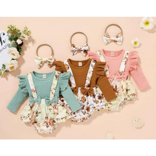 2021-06-03 Lioraitiin 0-24M Newborn Infant Baby Girl 3 Pcs Outfits Ribbed Fly Sleeve T-shirt Flower Print Overalls Headband