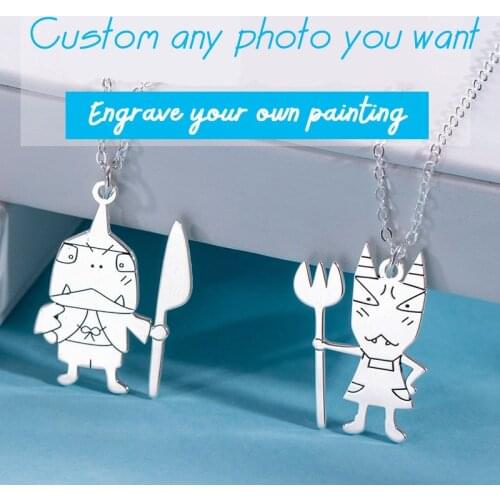 Amxiu Personalized Photo Necklace Engraved Cartoon Kids' Painting Necklace 925 Silver Necklace for Children Birthday Gift ID Tag