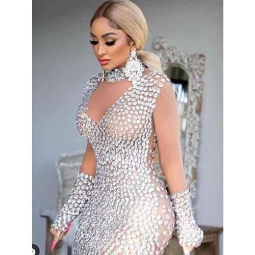 Shining Silver Rhinestones Turtleneck Dress Prom Evening Sexy Transparent Mesh Costume See Through Birthday Long Sleeves Dress