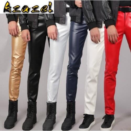 Multicolor Brand Spring Autumn Men Leather Pants Slim Fit Elastic Male Fashion PU Leather Trousers Punk Cosplay Dance Mens Pants
