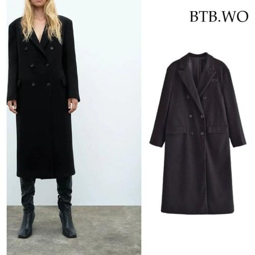BTB.WO Za Women Coat 2021 Fashion Pair-Breasted Long Coat Vintage V Neck Long Sleeve Female Outerwear Chic Overcoat