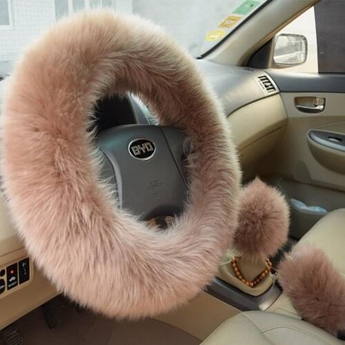 Winter Warm Wool Handbrake Cover Gear Shift Cover Steering Wheel Cover 38cm diameter 1 Set 3 Pcs,Cute Wool Steering Wheel Cover