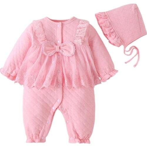 Baby 2021 Spring Romper Red Princess Lovely Baptism Sweater Clothes 100% Cotton Overalls+Cap Girl Clothes First Birthday Baptism