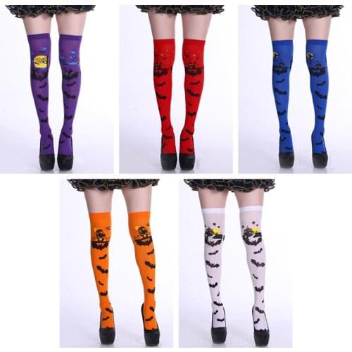 Halloween April Fools Day Masquerade Party Horror Scary Bat Pumpkin Print Witch Cosplay Color Costume Props Stockings Girl Woman